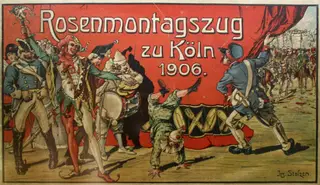 Gezeichnetes Plakat mit der Aufschrift Rosenmontagszug zu Köln 1906